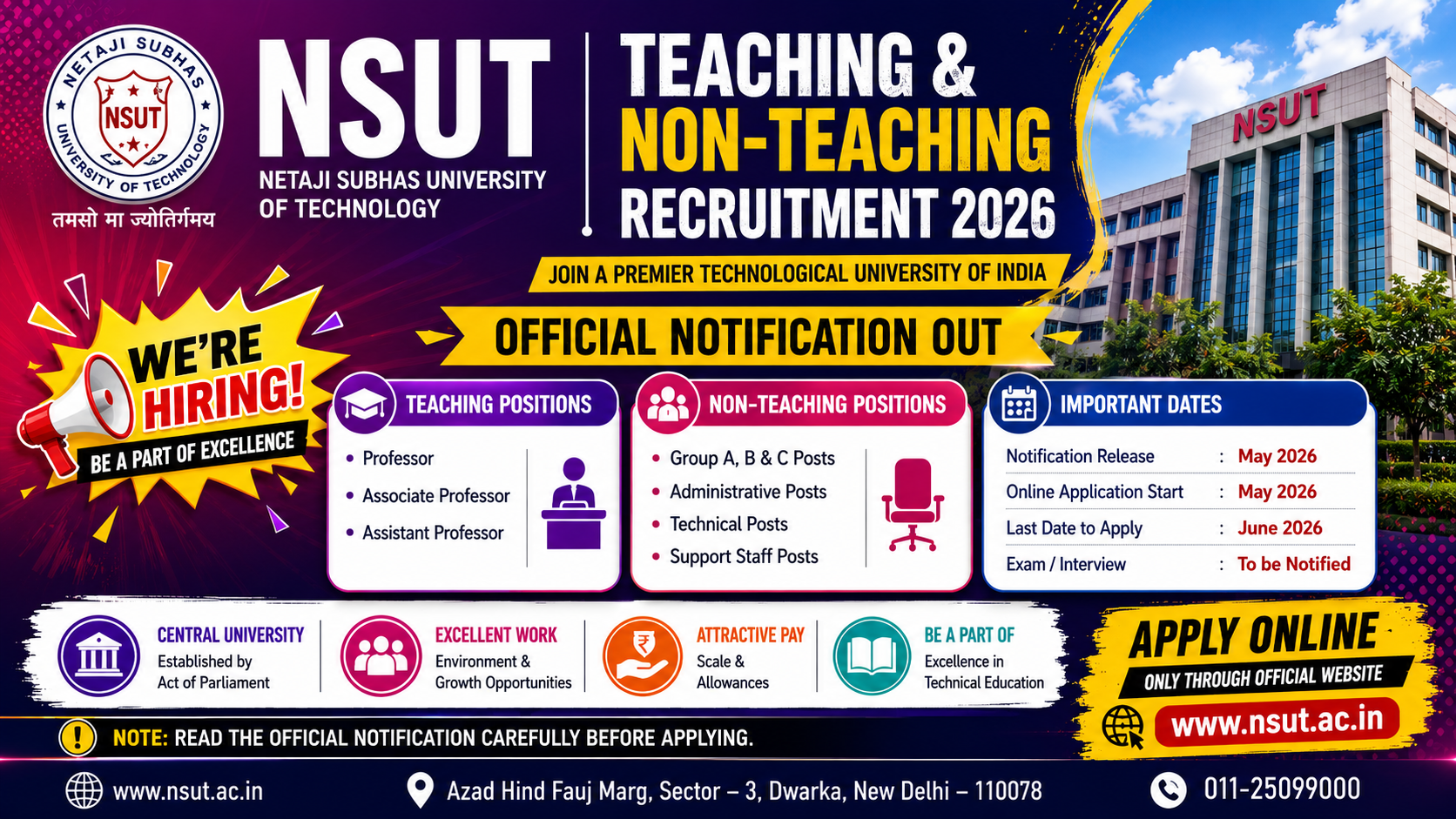 NSUT Teaching and Non-Teaching Recruitment 2026